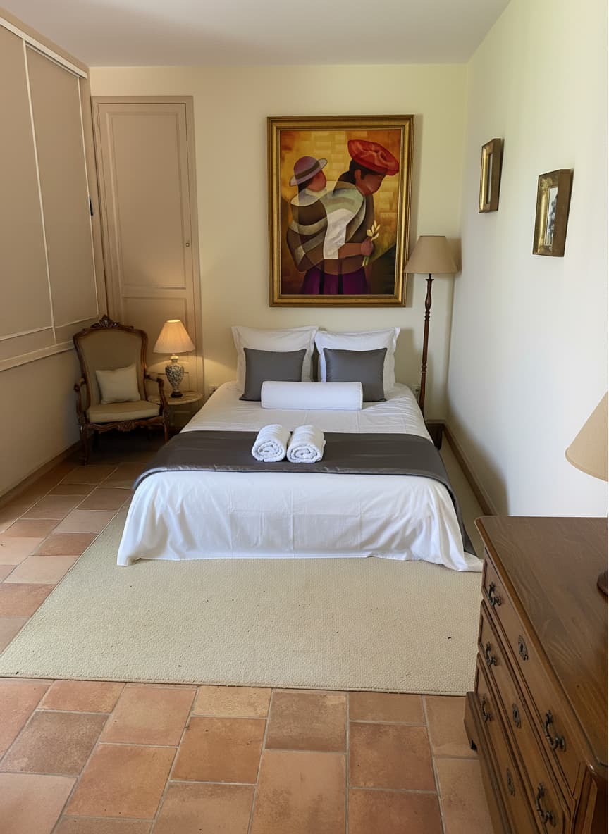 La chambre lumineuse de la Sellerie avec tomettes d'origine